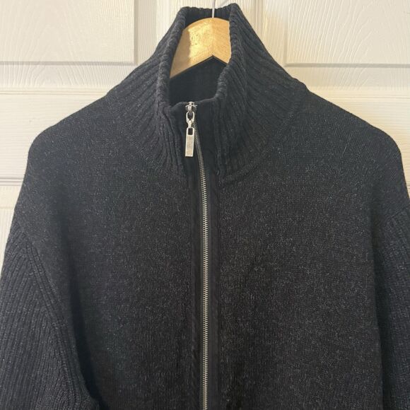 Tasso Elba 100% Lambswool Full Zip Sweater Jacket XL Black Mock Neck Ribbed Knit - Picture 3 of 8